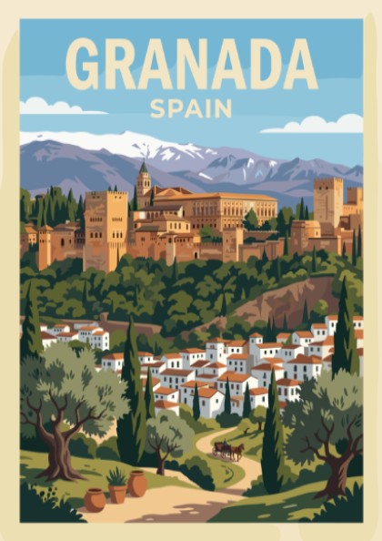 Poster of Granada Spain featuring the Alhambra fortress, snowy mountains, and olive trees.