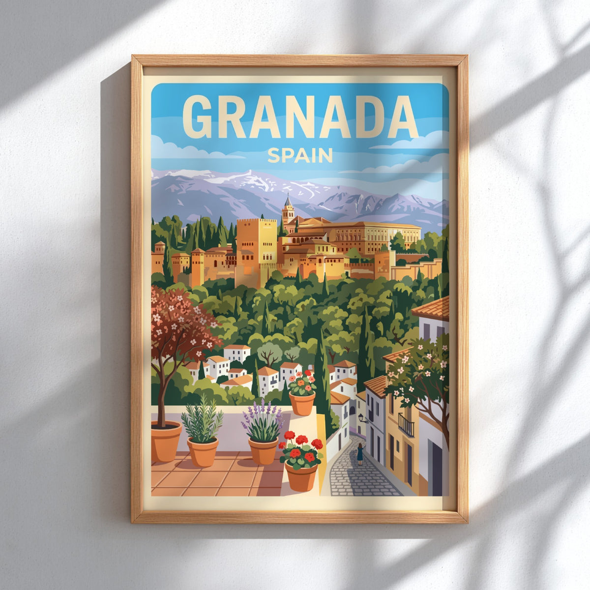 Granada Spain travel poster featuring the Alhambra fortress, mountain peaks, and potted flowers.