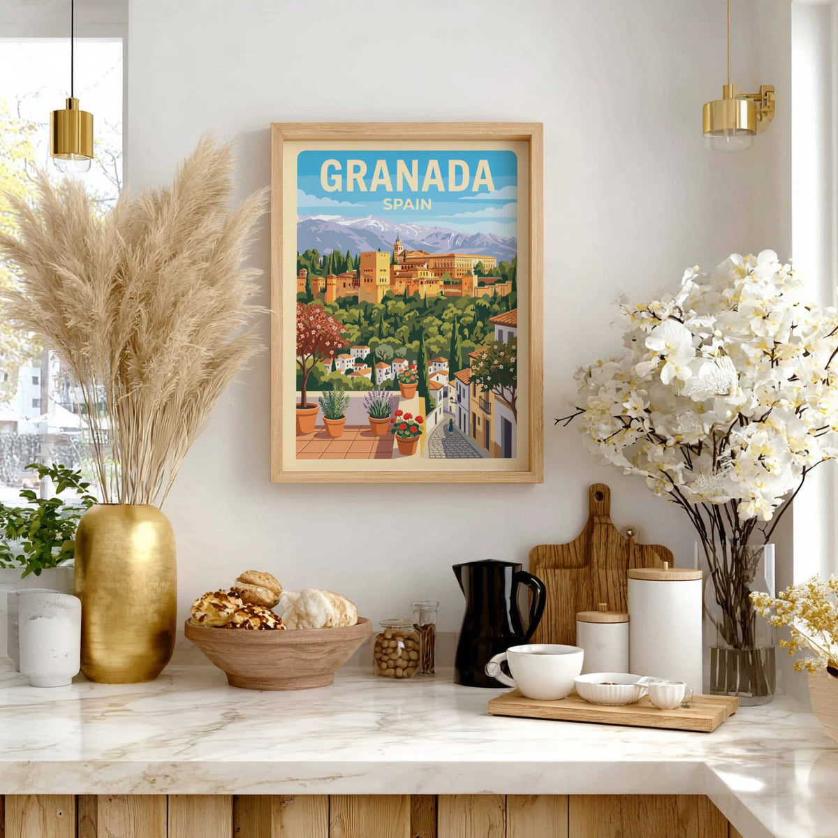 Granada Spain travel poster featuring the Alhambra fortress, mountain peaks, and potted flowers.