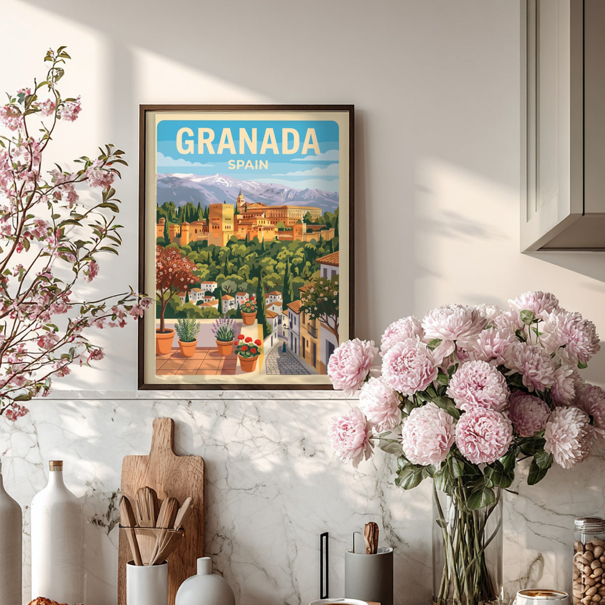 Granada Spain travel poster featuring the Alhambra fortress, mountain peaks, and potted flowers.