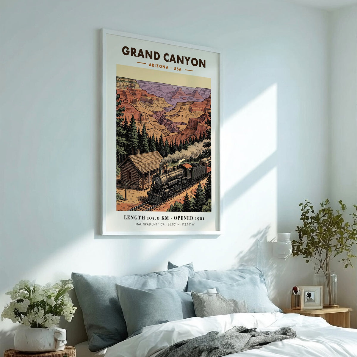 Poster featuring a vintage steam train traveling past a cabin near Grand Canyon cliffs.