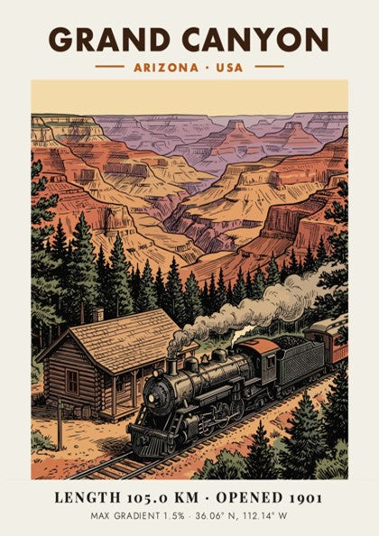 Poster featuring a vintage steam train traveling past a cabin near Grand Canyon cliffs.