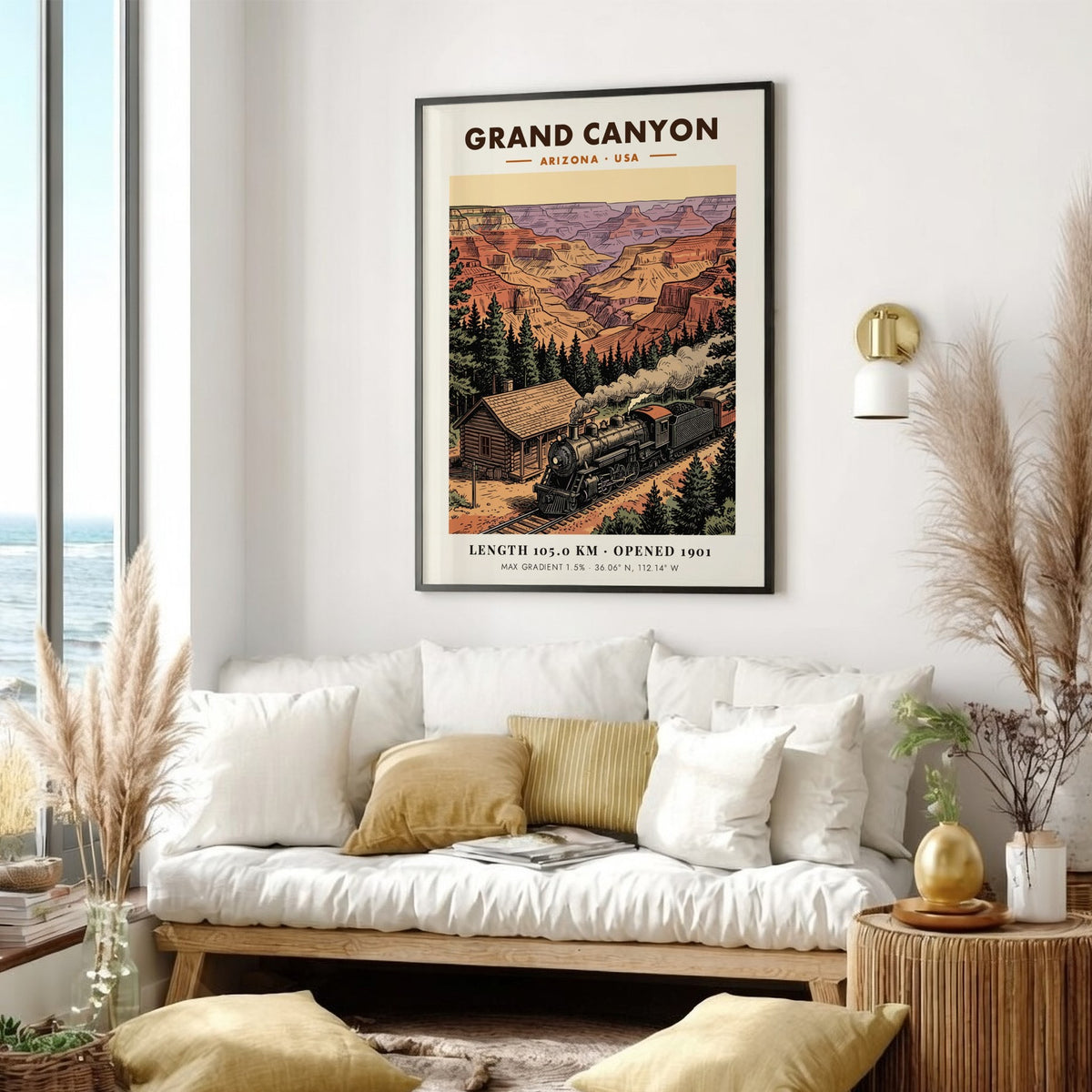 Poster featuring a vintage steam train traveling past a cabin near Grand Canyon cliffs.