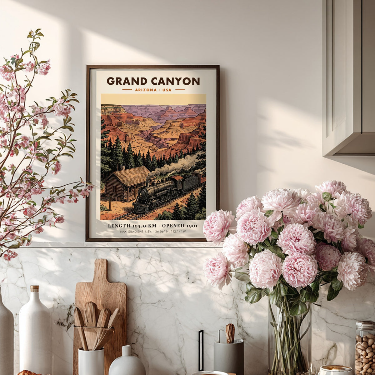 Poster featuring a vintage steam train traveling past a cabin near Grand Canyon cliffs.
