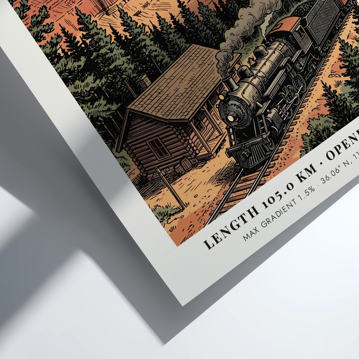 Poster featuring a vintage steam train traveling past a cabin near Grand Canyon cliffs.