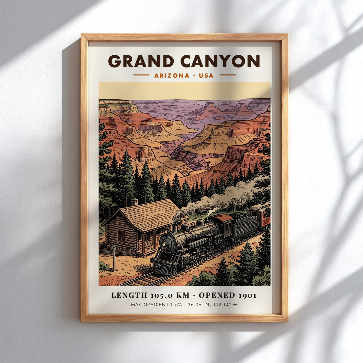 Poster featuring a vintage steam train traveling past a cabin near Grand Canyon cliffs.