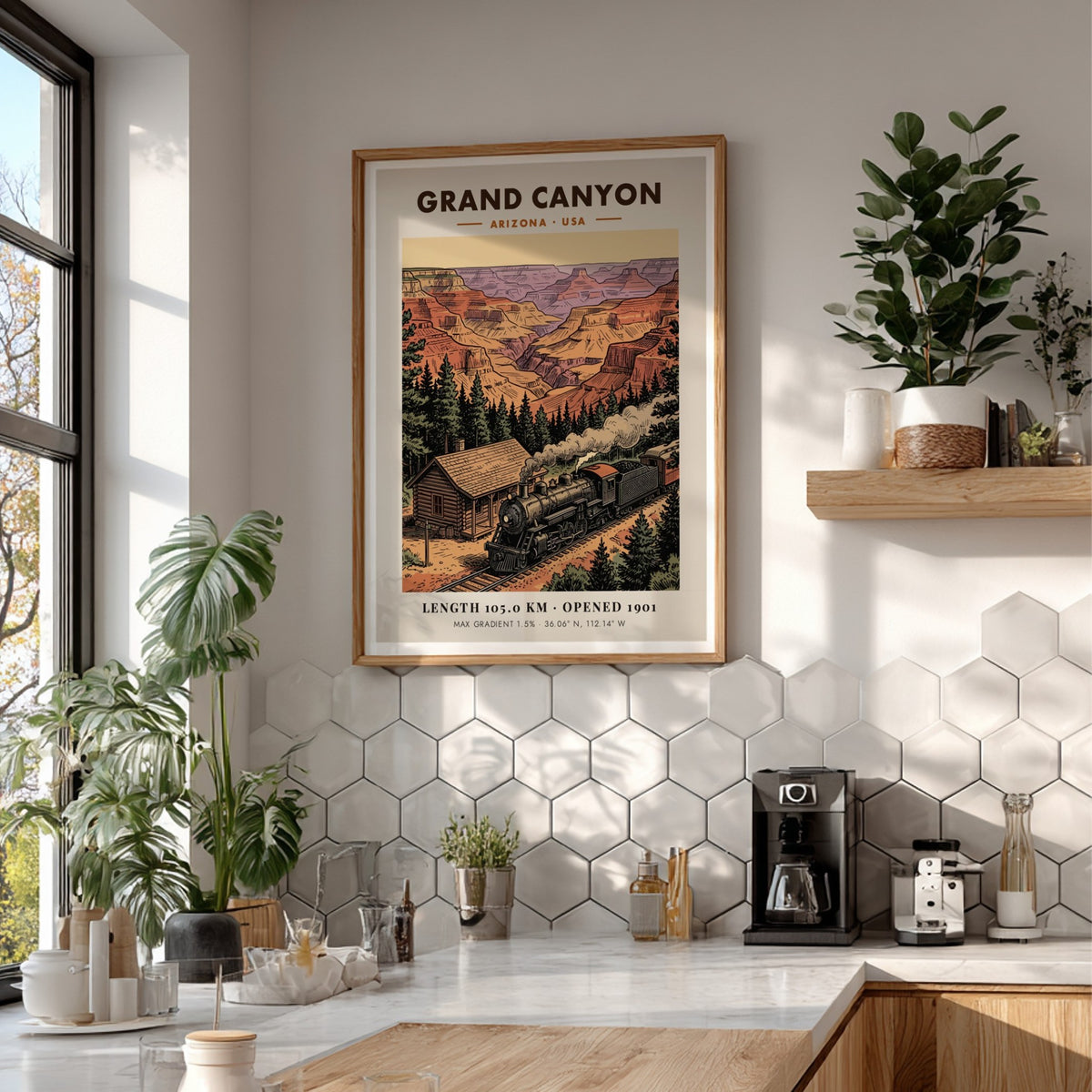 Poster featuring a vintage steam train traveling past a cabin near Grand Canyon cliffs.