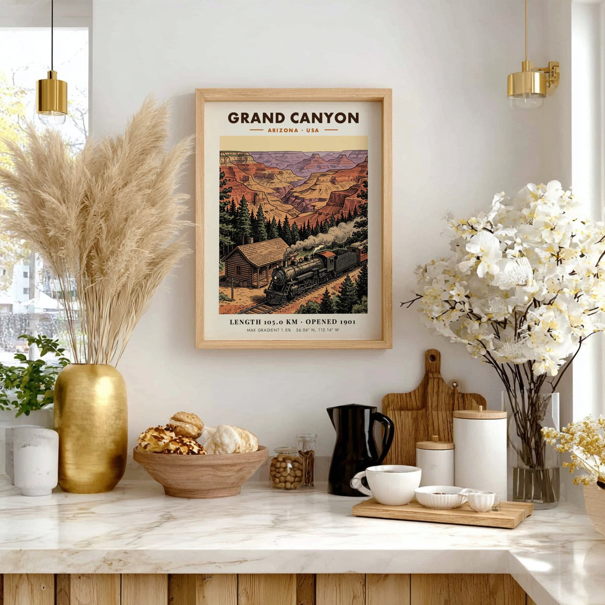 Poster featuring a vintage steam train traveling past a cabin near Grand Canyon cliffs.