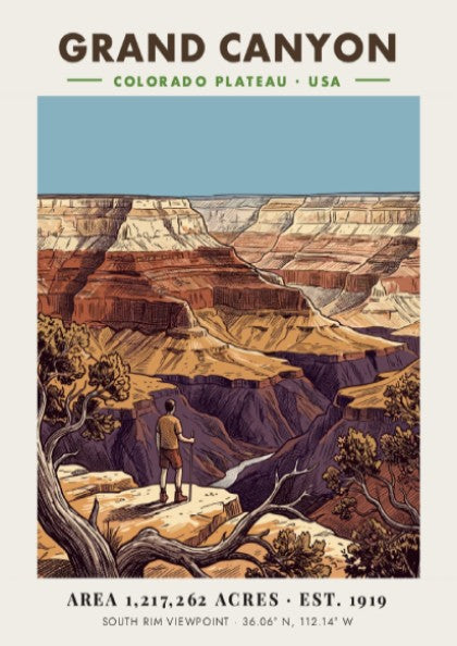 Poster of a hiker looking at the Grand Canyon with red rock layers