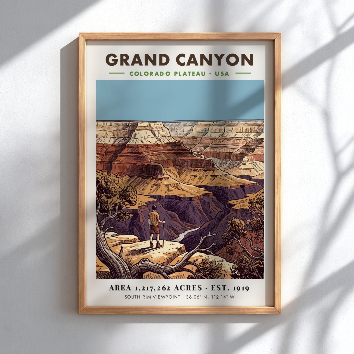 Poster of a hiker looking at the Grand Canyon with red rock layers