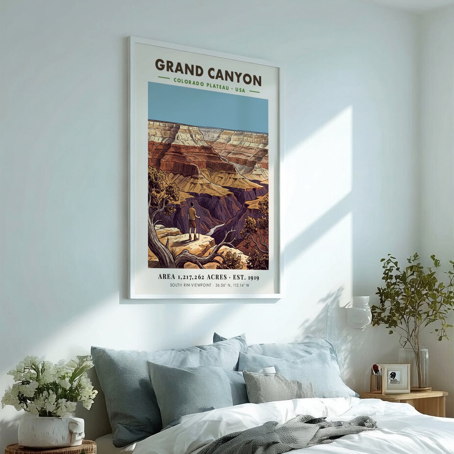 Poster of a hiker looking at the Grand Canyon with red rock layers
