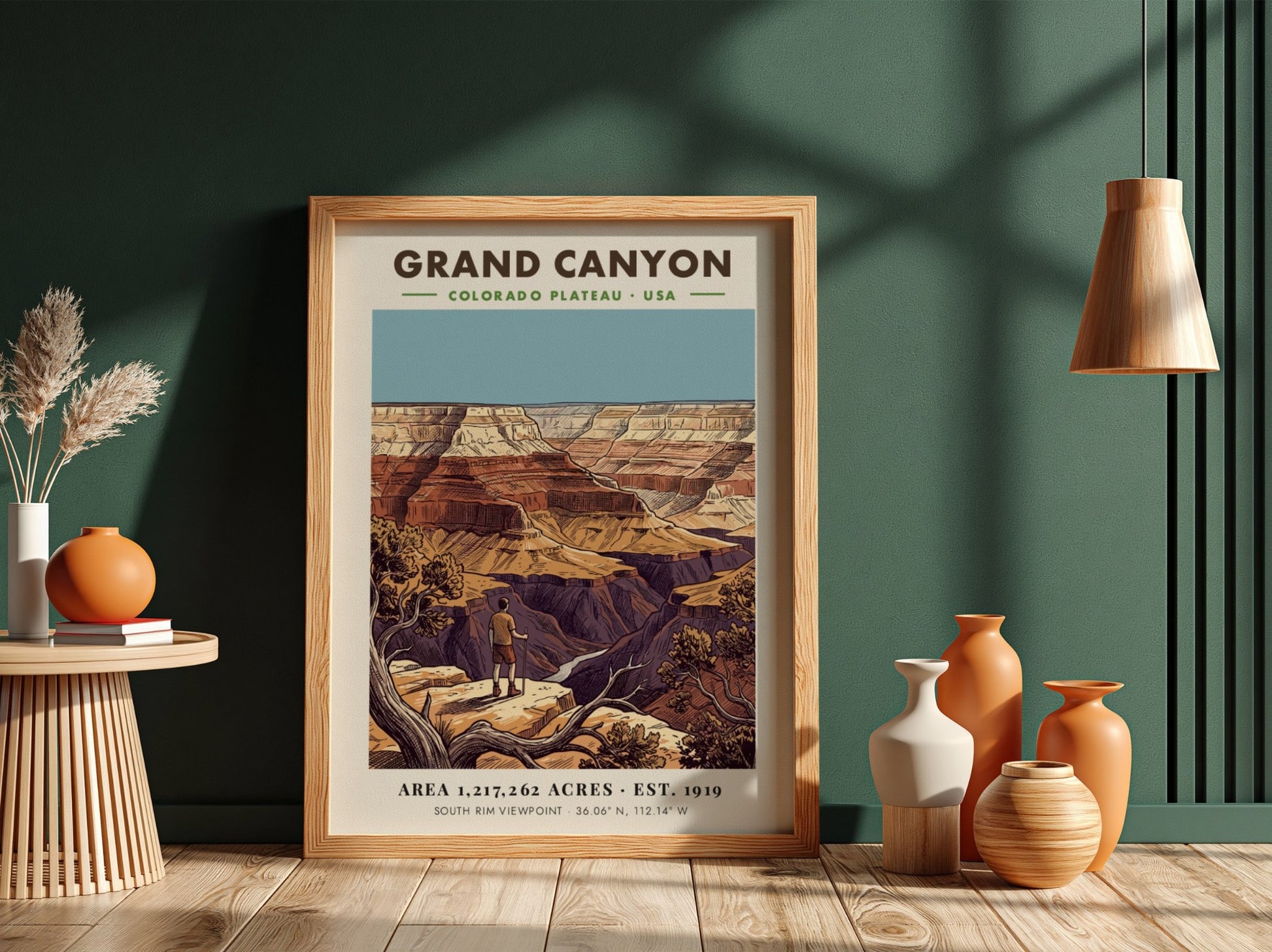 Poster of a hiker looking at the Grand Canyon with red rock layers