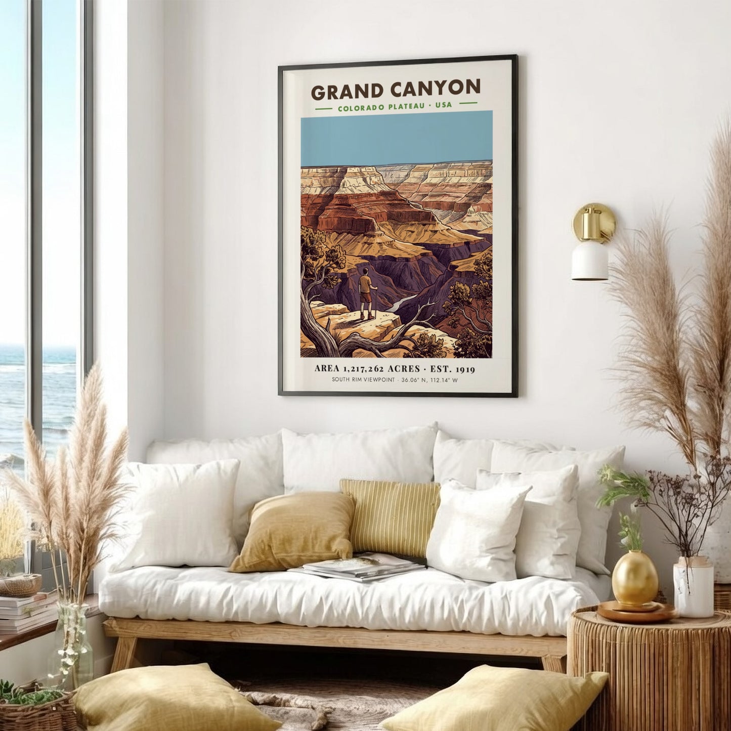 Poster of a hiker looking at the Grand Canyon with red rock layers