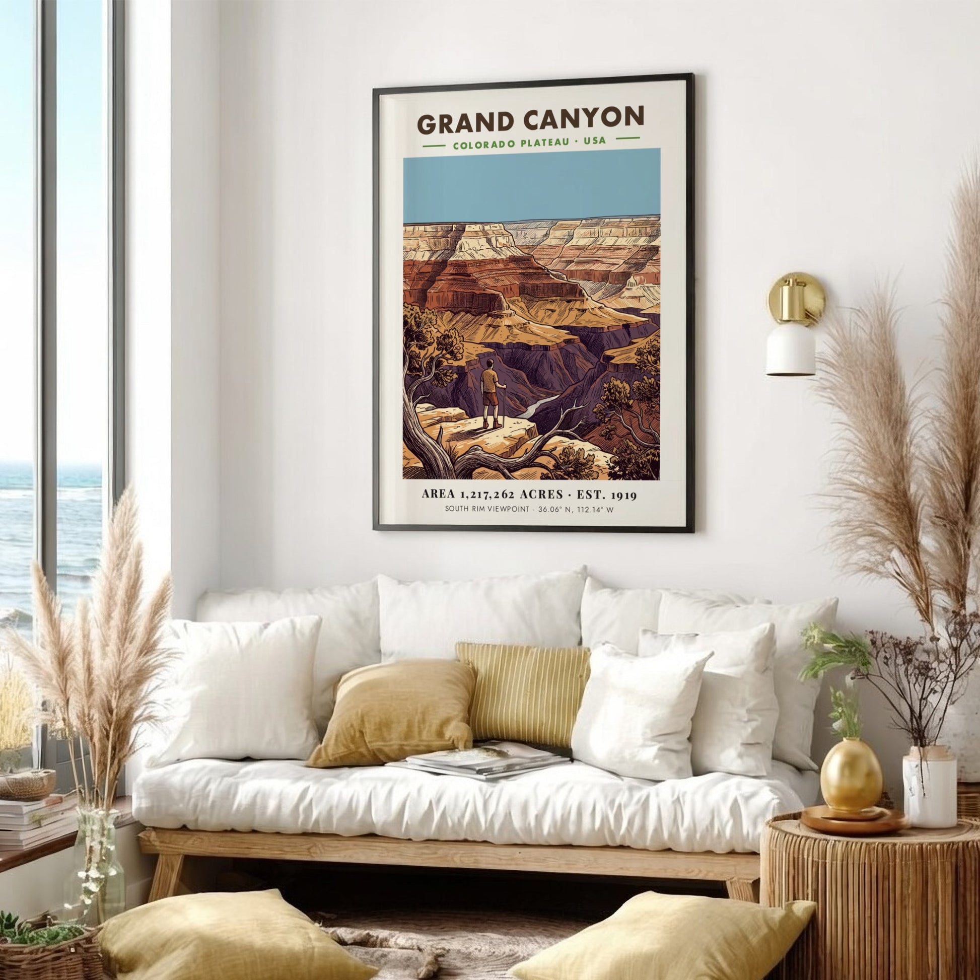 Poster of a hiker looking at the Grand Canyon with red rock layers