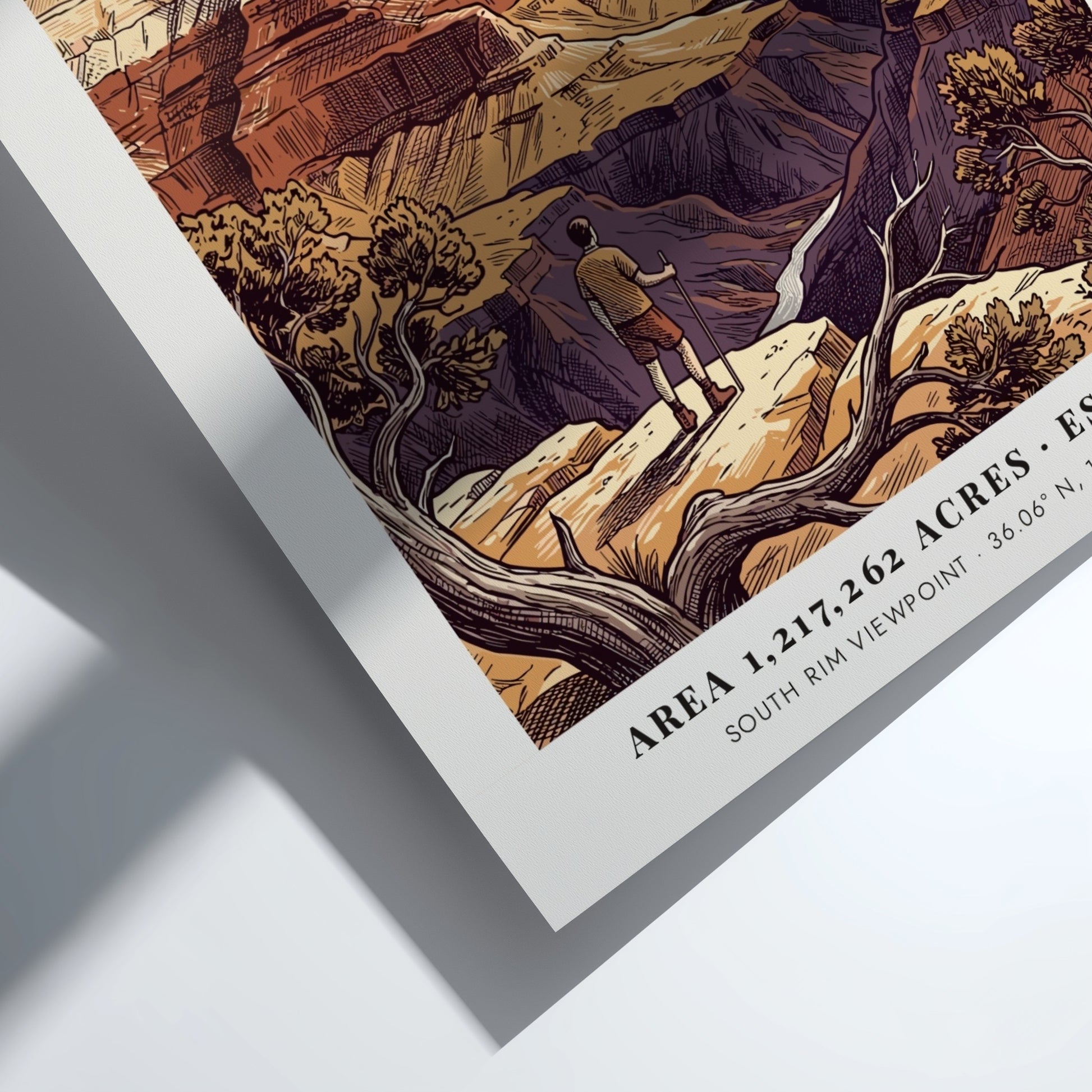 Poster of a hiker looking at the Grand Canyon with red rock layers