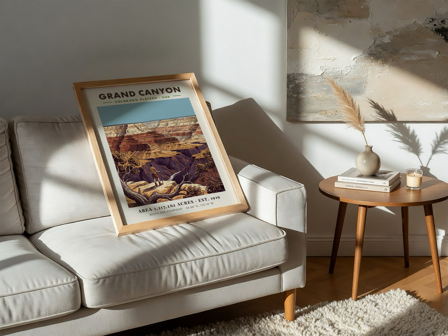 Poster of a hiker looking at the Grand Canyon with red rock layers