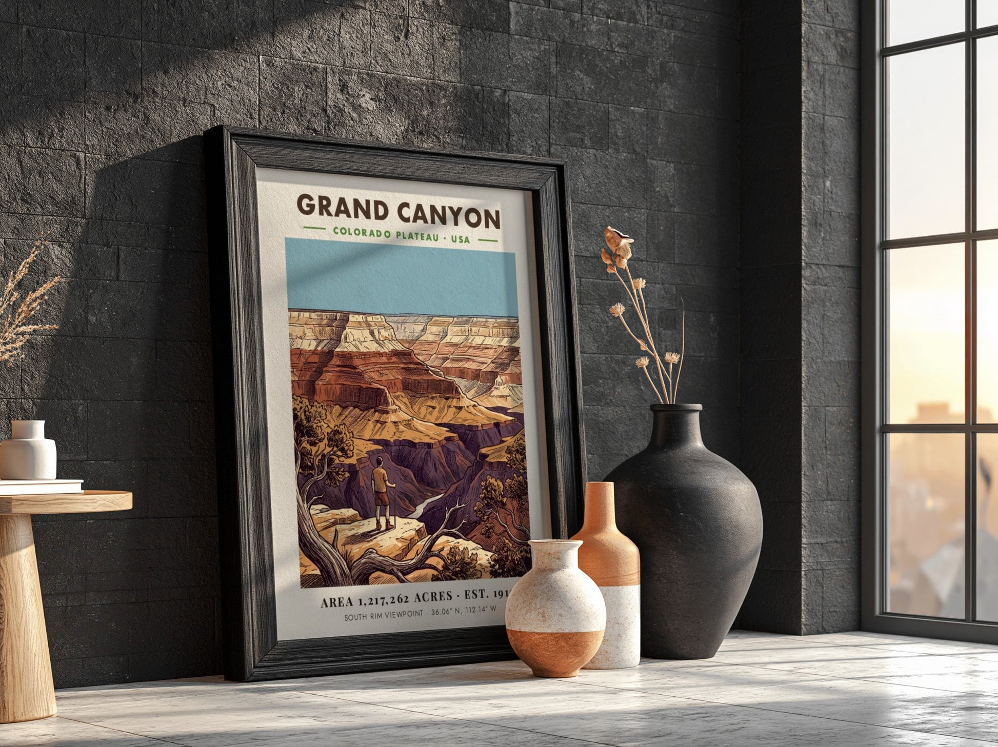 Poster of a hiker looking at the Grand Canyon with red rock layers