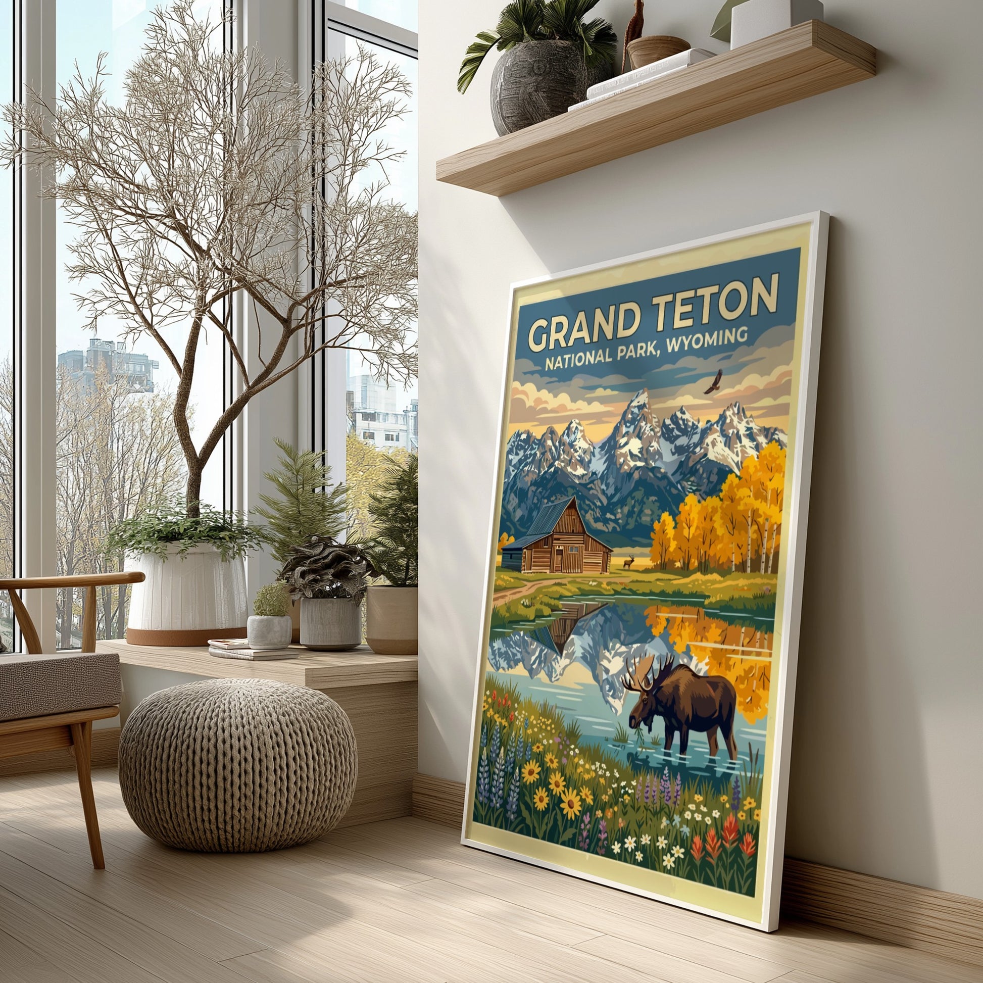Travel poster of Grand Teton National Park featuring a moose, barn, and mountains.