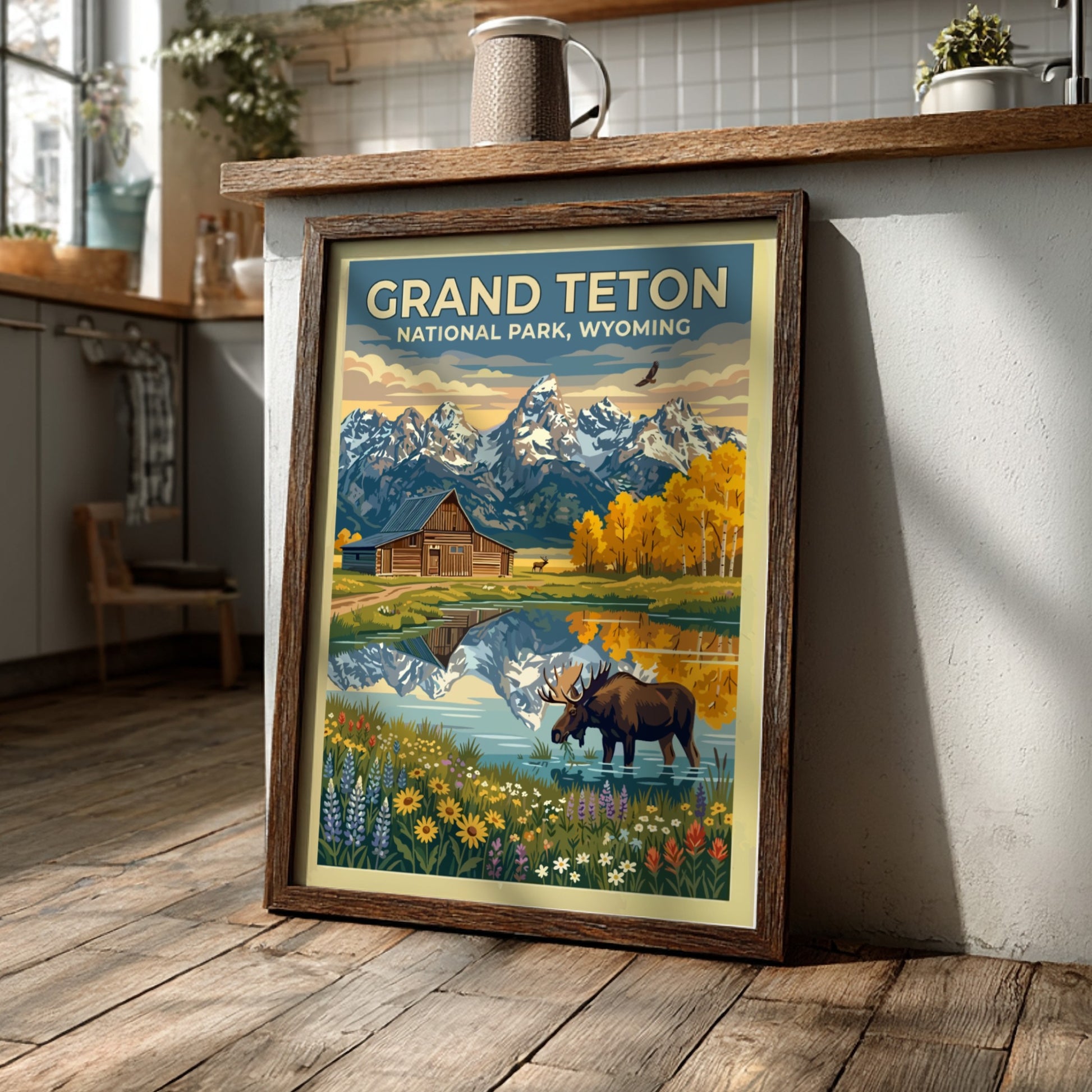 Travel poster of Grand Teton National Park featuring a moose, barn, and mountains.