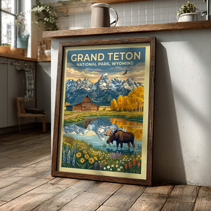 Travel poster of Grand Teton National Park featuring a moose, barn, and mountains.