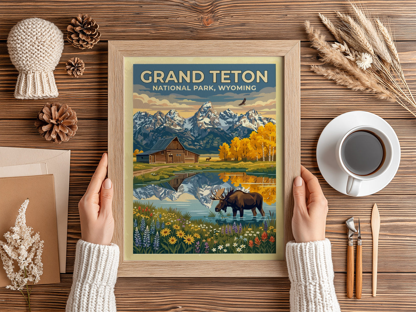 Travel poster of Grand Teton National Park featuring a moose, barn, and mountains.