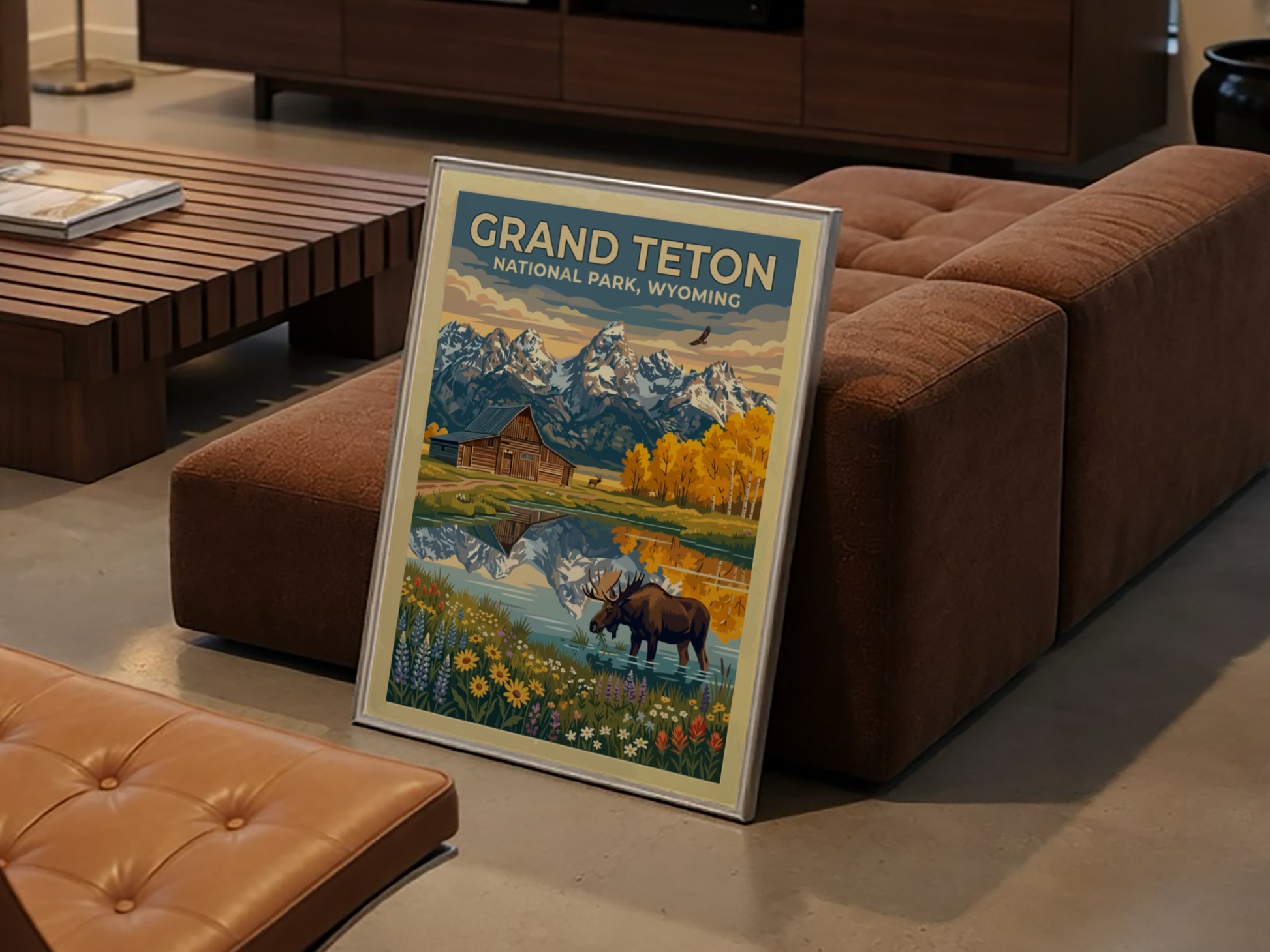 Travel poster of Grand Teton National Park featuring a moose, barn, and mountains.