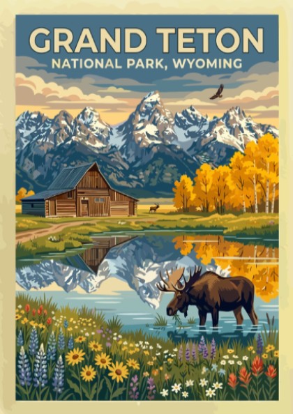 Travel poster of Grand Teton National Park featuring a moose, barn, and mountains.
