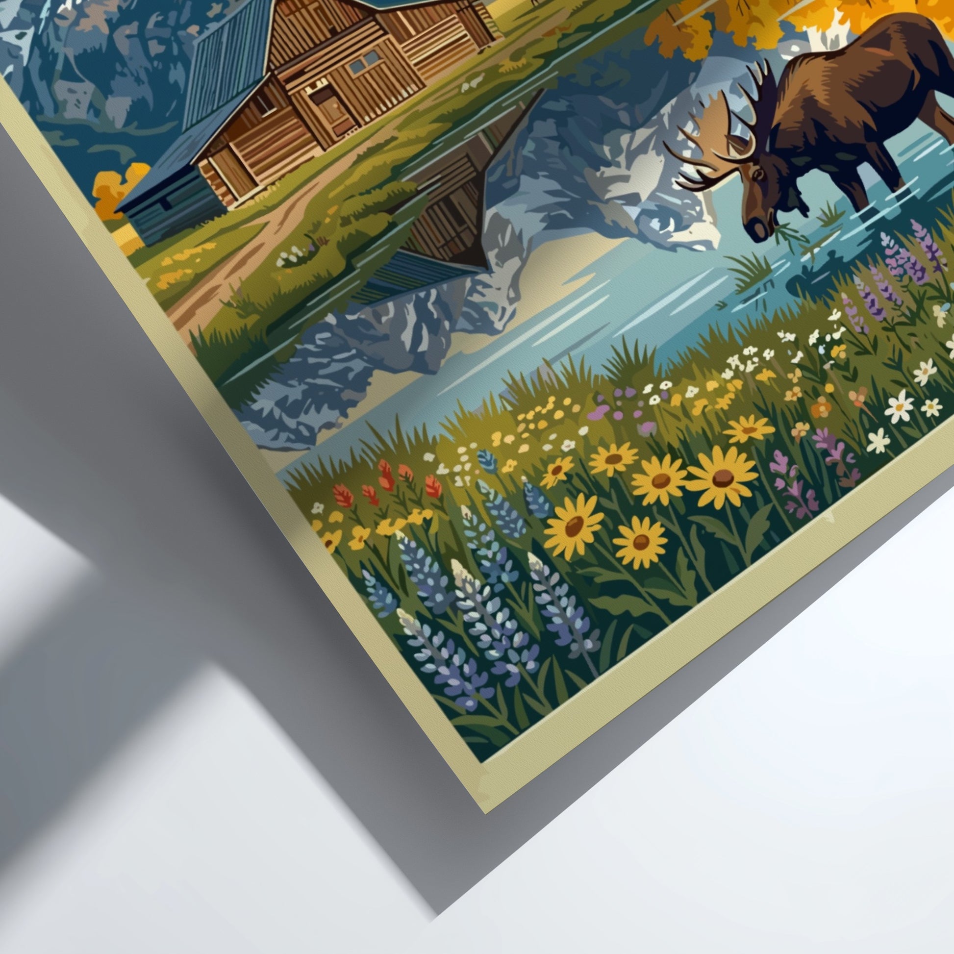 Travel poster of Grand Teton National Park featuring a moose, barn, and mountains.