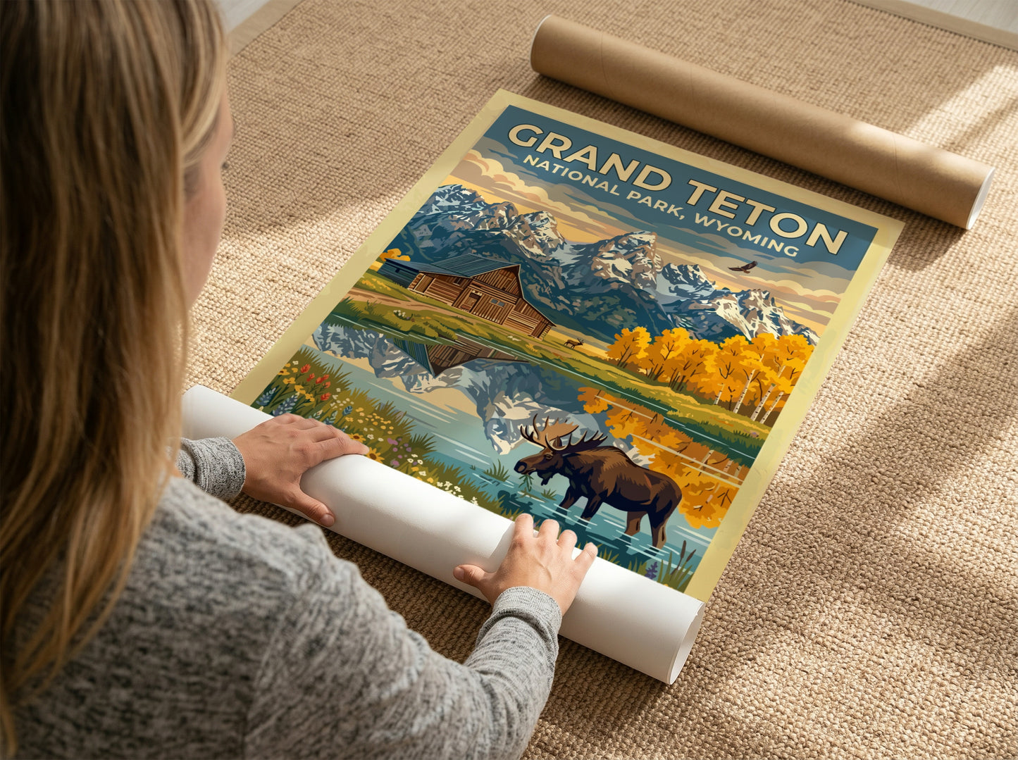 Travel poster of Grand Teton National Park featuring a moose, barn, and mountains.