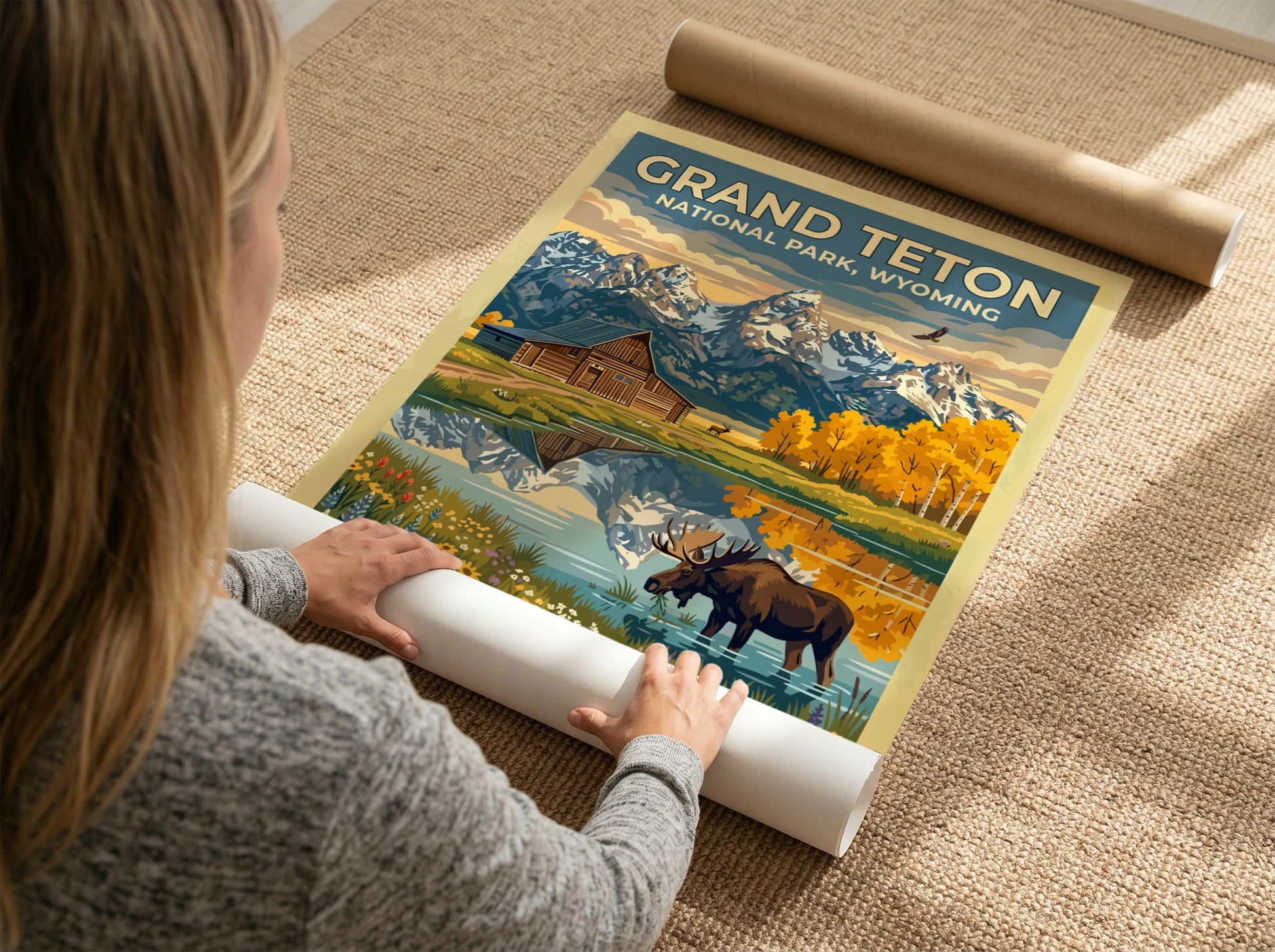 Travel poster of Grand Teton National Park featuring a moose, barn, and mountains.