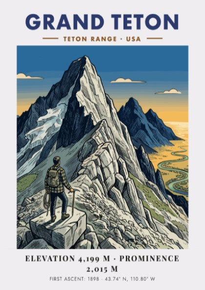 Poster of Grand Teton mountain with a hiker looking over a winding river valley.
