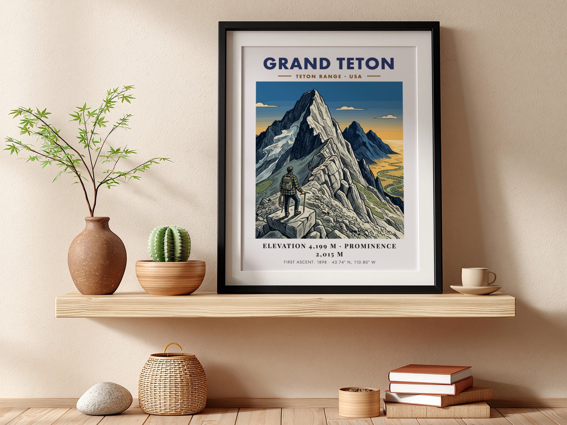 Poster of Grand Teton mountain with a hiker looking over a winding river valley.