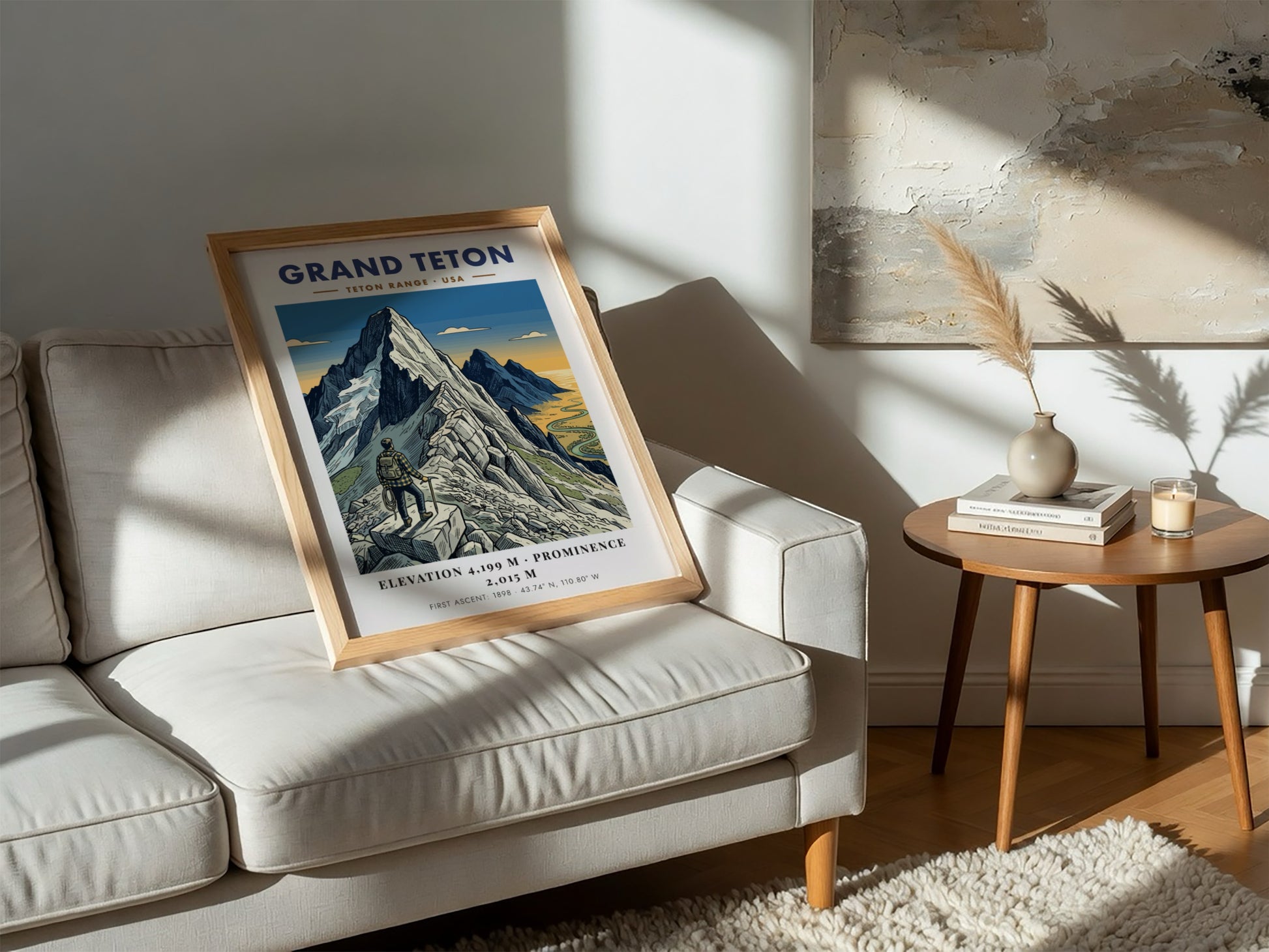Poster of Grand Teton mountain with a hiker looking over a winding river valley.
