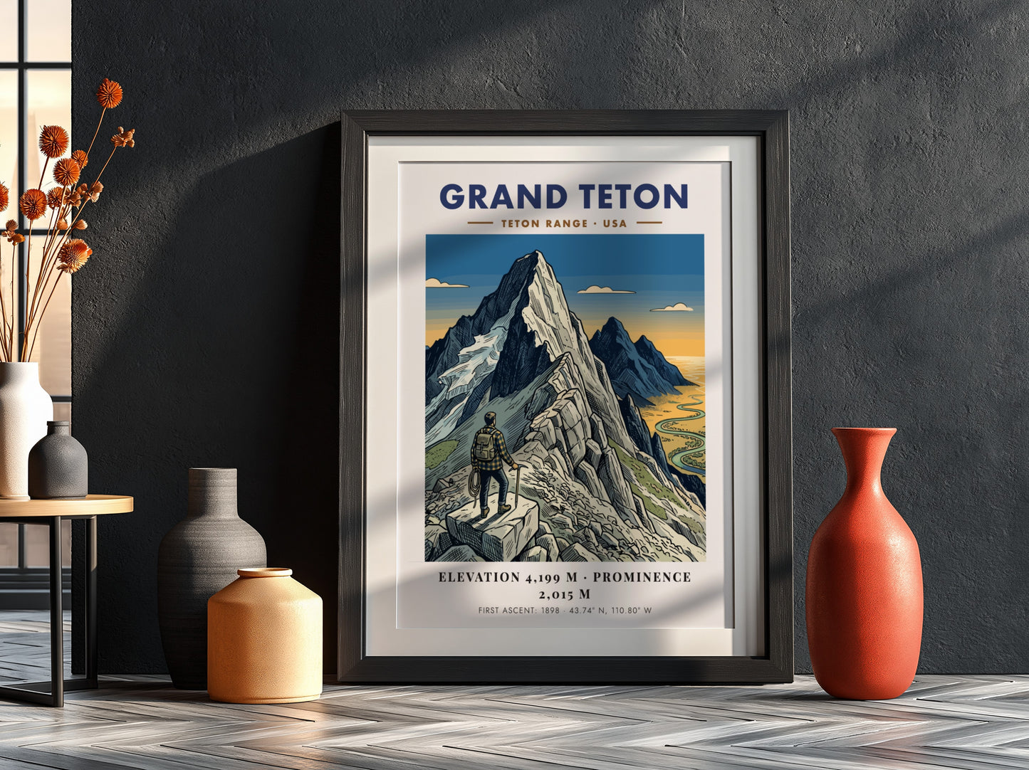 Poster of Grand Teton mountain with a hiker looking over a winding river valley.
