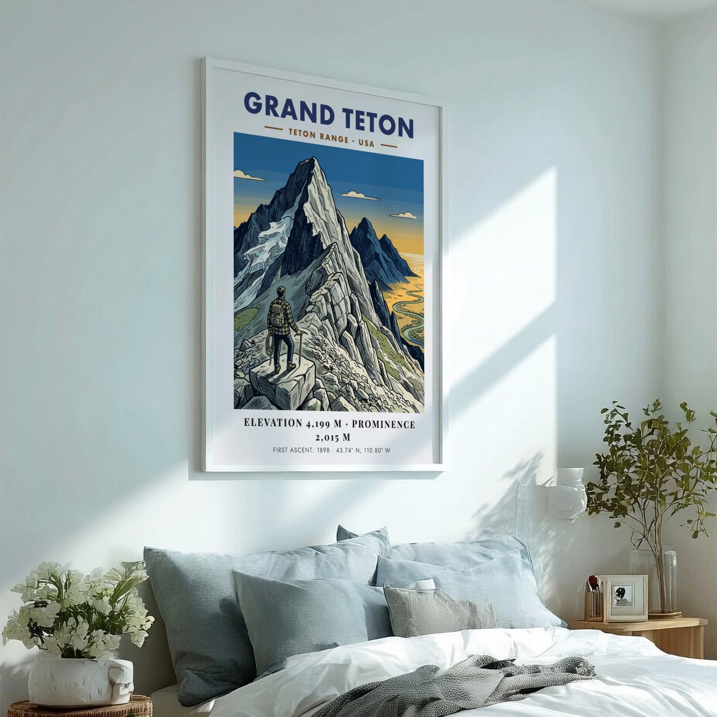 Poster of Grand Teton mountain with a hiker looking over a winding river valley.