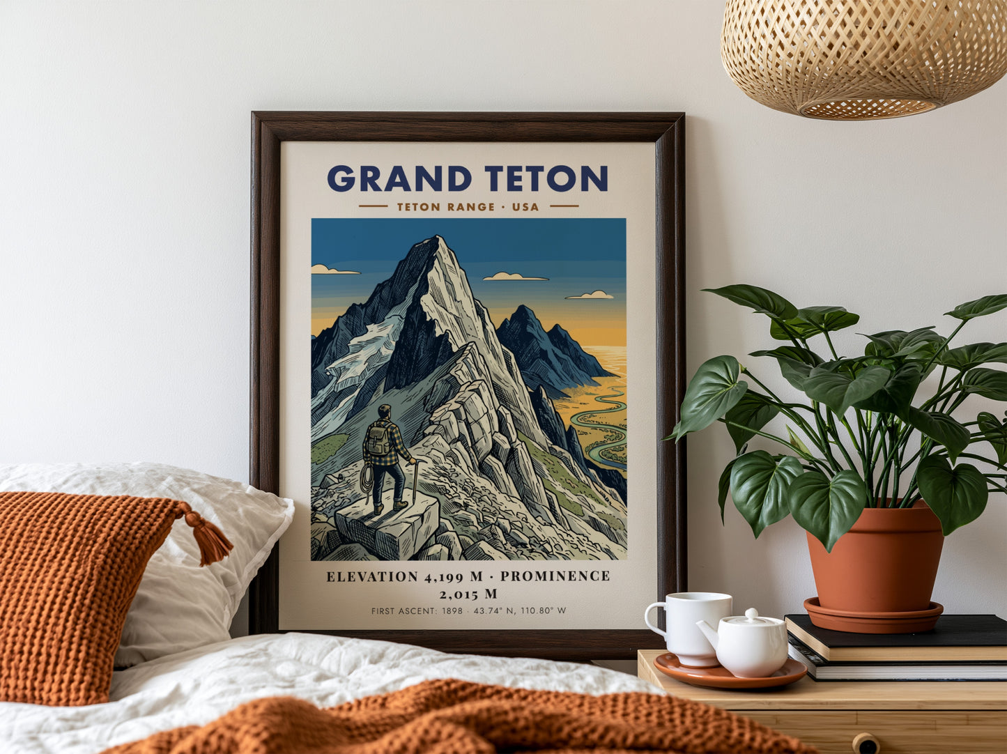Poster of Grand Teton mountain with a hiker looking over a winding river valley.