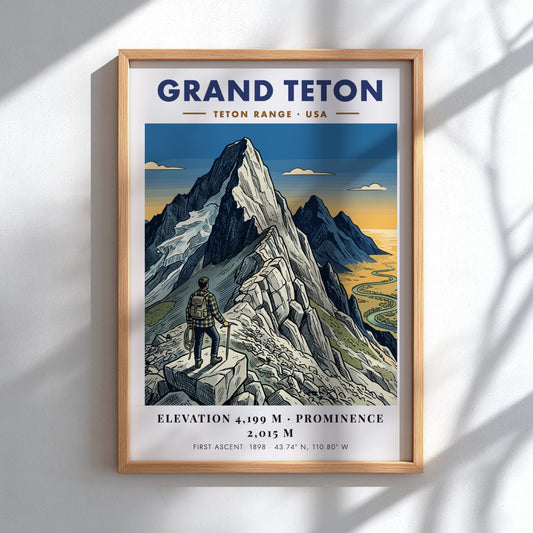 Poster of Grand Teton mountain with a hiker looking over a winding river valley.