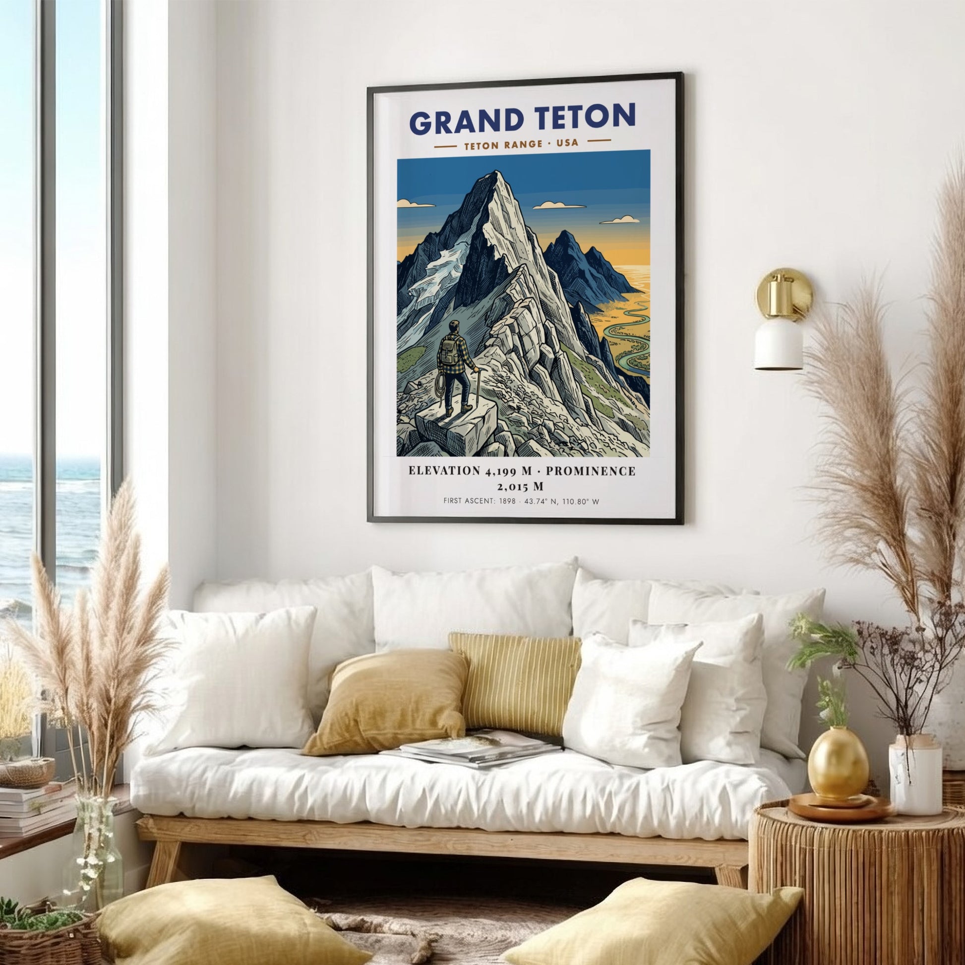 Poster of Grand Teton mountain with a hiker looking over a winding river valley.