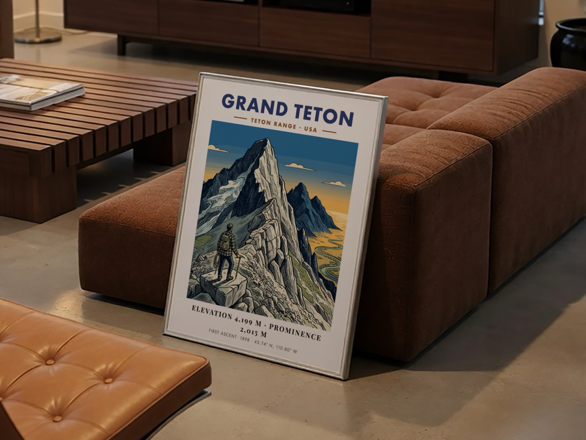 Poster of Grand Teton mountain with a hiker looking over a winding river valley.