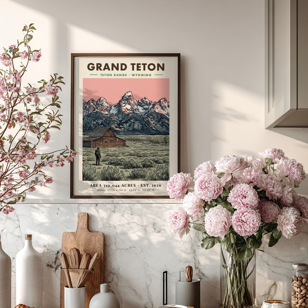 Poster featuring the Grand Teton mountain range, a wooden barn, and a hiker.