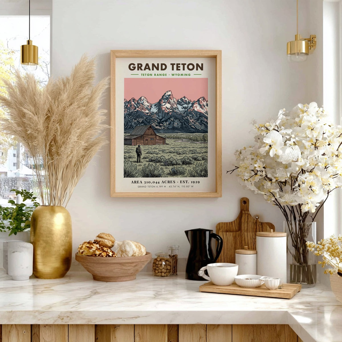 Poster featuring the Grand Teton mountain range, a wooden barn, and a hiker.