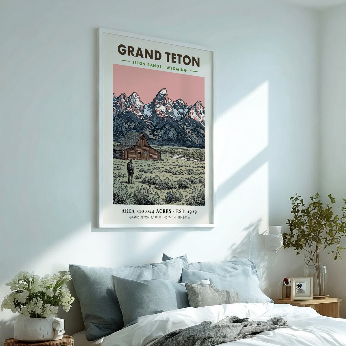 Poster featuring the Grand Teton mountain range, a wooden barn, and a hiker.