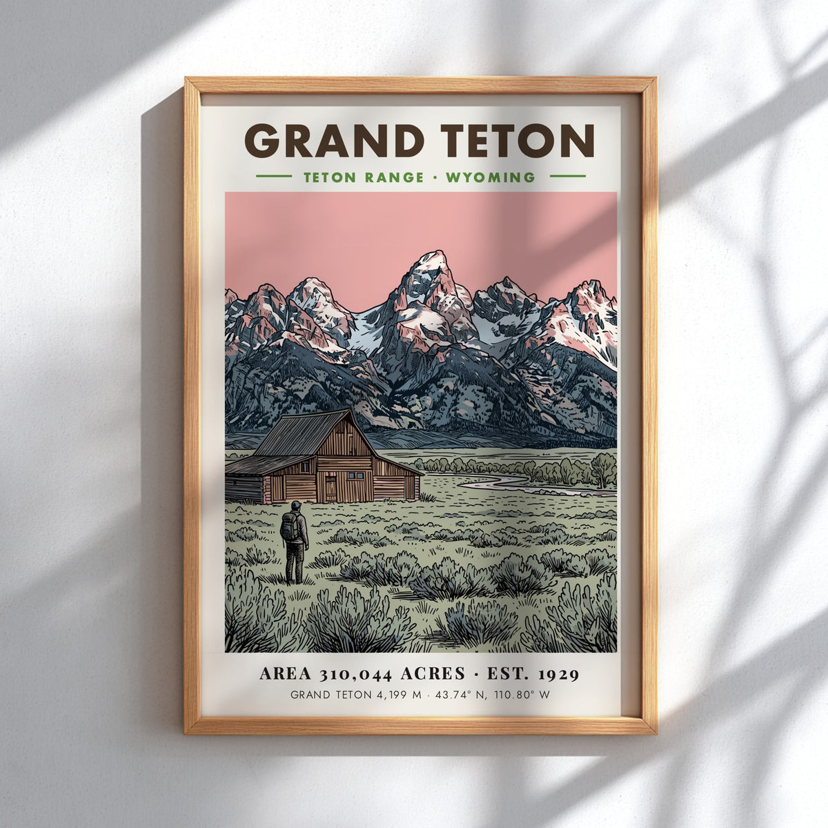Poster featuring the Grand Teton mountain range, a wooden barn, and a hiker.