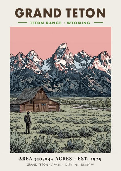Poster featuring the Grand Teton mountain range, a wooden barn, and a hiker.