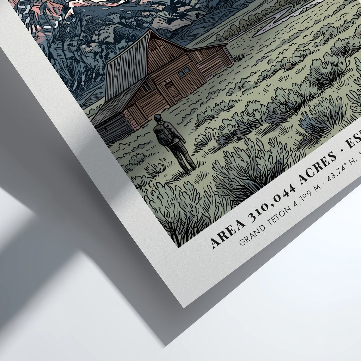 Poster featuring the Grand Teton mountain range, a wooden barn, and a hiker.