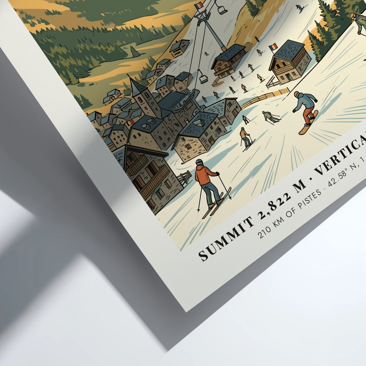 Grandvalira Andorra ski resort poster showing snow-covered mountains, ski lifts, and a stone village.
