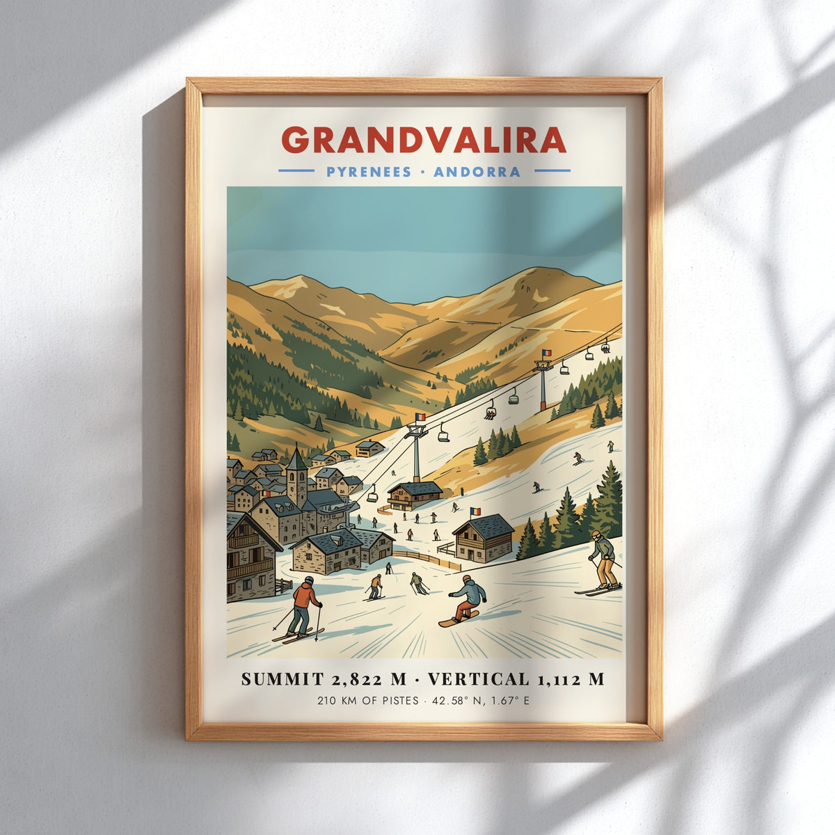 Grandvalira Andorra ski resort poster showing snow-covered mountains, ski lifts, and a stone village.