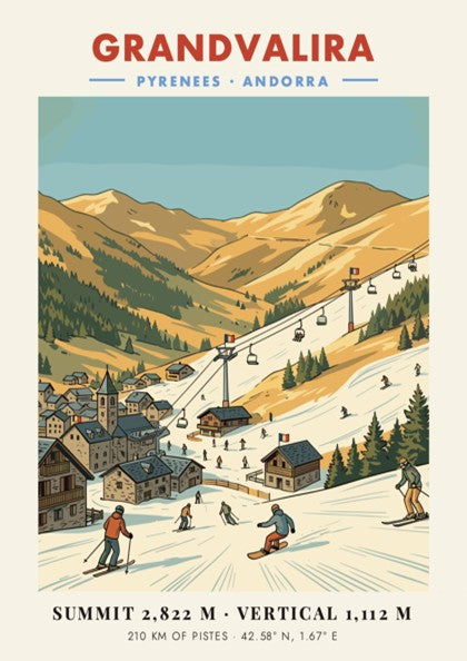 Grandvalira Andorra ski resort poster showing snow-covered mountains, ski lifts, and a stone village.