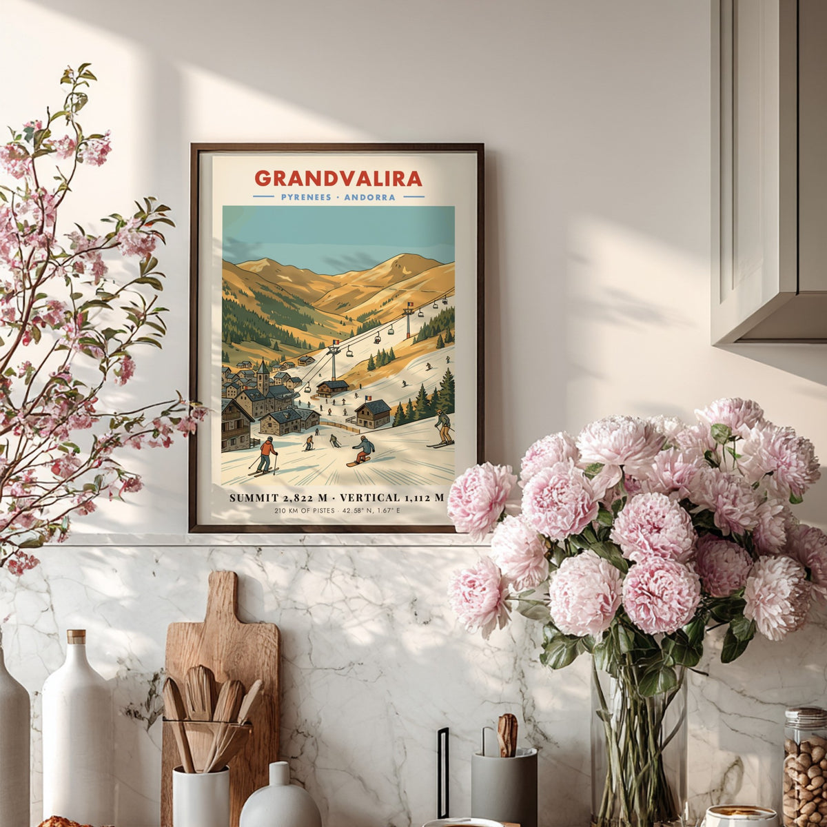 Grandvalira Andorra ski resort poster showing snow-covered mountains, ski lifts, and a stone village.