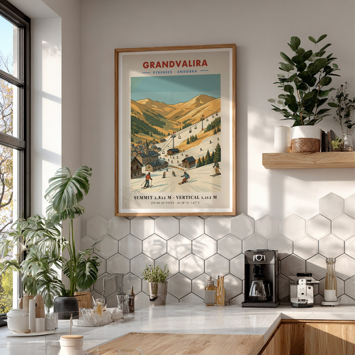 Grandvalira Andorra ski resort poster showing snow-covered mountains, ski lifts, and a stone village.